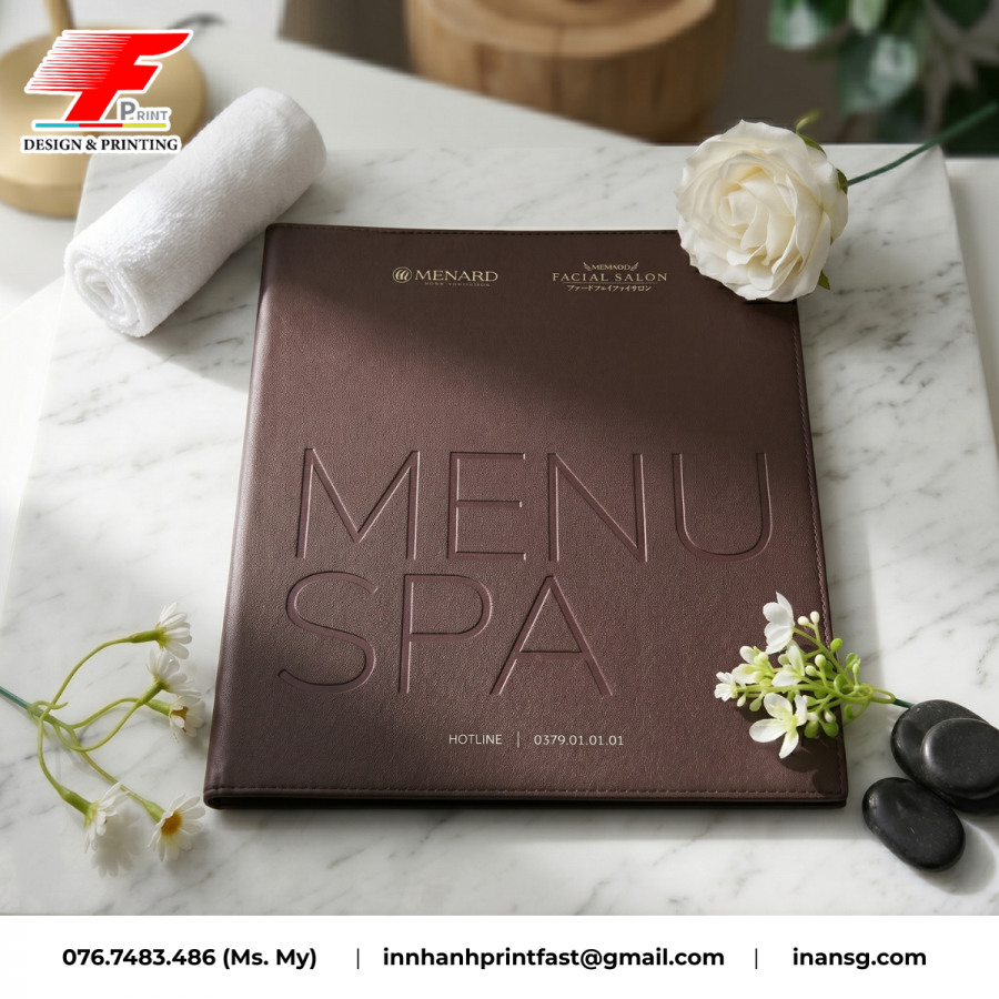 Mẫu in menu bìa da dập nổi logo thương hiệu cao cấp cho Spa tại TPHCM.