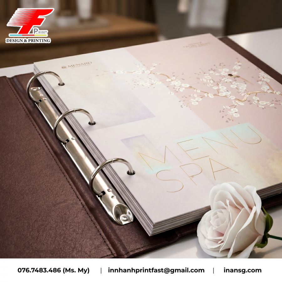 Thiết kế menu bìa da gáy còng kim loại linh hoạt tháo lắp trang ruột.