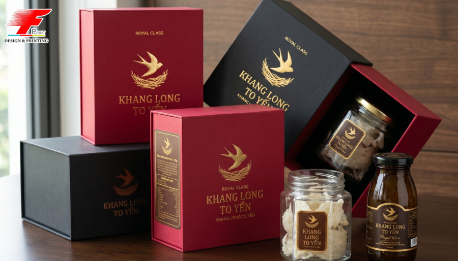 Gia công ép kim vàng/bạc logo và in QR code trên thiết kế hộp giấy độc quyền.