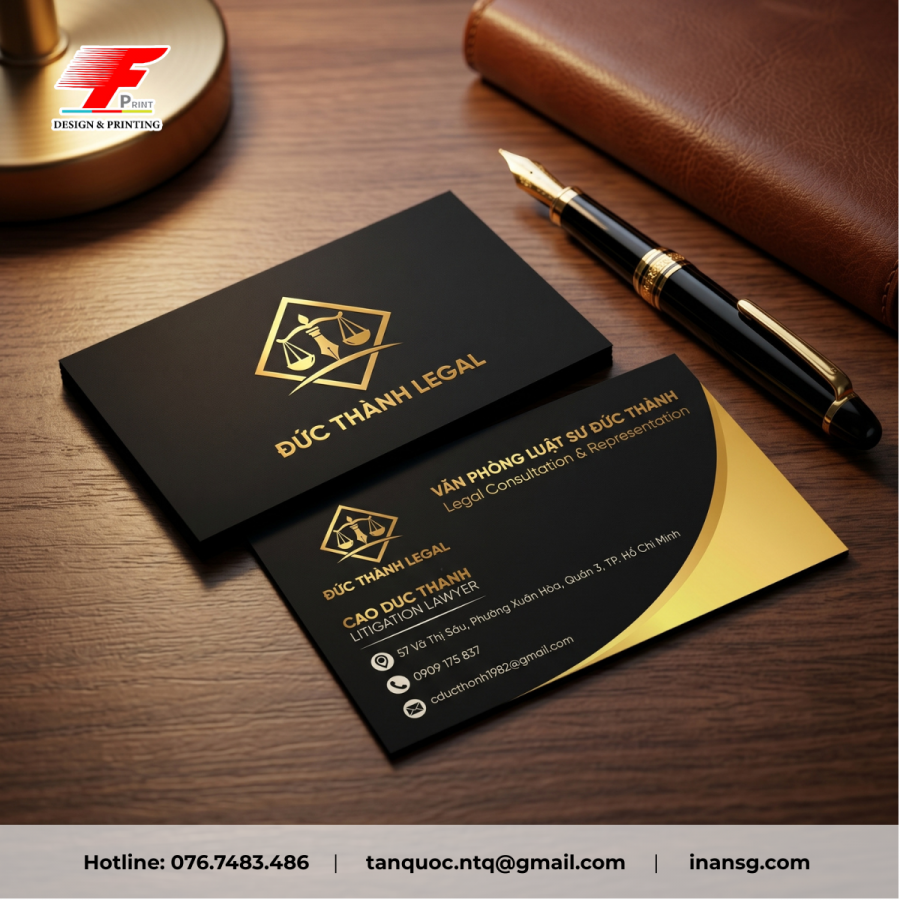 Name card giấy mỹ thuật màu đen ép kim vàng sang trọng cho văn phòng luật sư Đức Thành Legal.