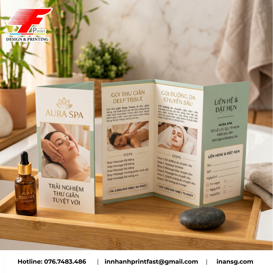 In tờ rơi gấp 3, brochure cao cấp giới thiệu dịch vụ cho Spa và thẩm mỹ viện.