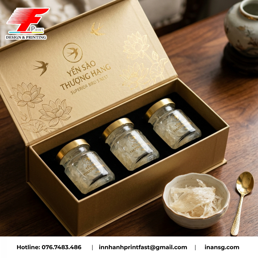 In hộp giấy đựng yến sào thượng hạng, thiết kế ép kim vàng sang trọng.