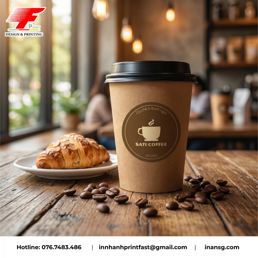 In decal giấy kraft cắt bế tròn dán ly giấy cafe take-away thân thiện môi trường.