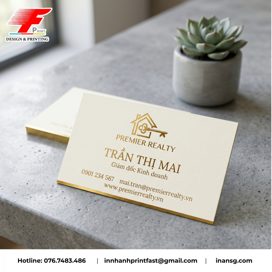 Thiết kế và in name card ép kim vàng cao cấp cho Giám đốc kinh doanh Bất động sản.
