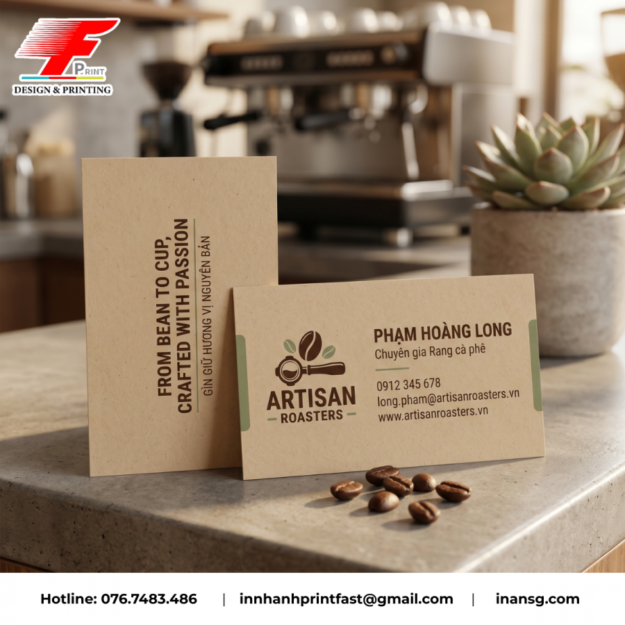 In name card giấy kraft mộc mạc, ấn tượng cho chuyên gia rang cà phê và ngành F&B.