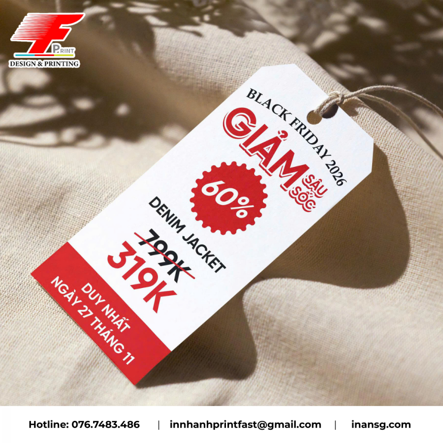 In tag giảm giá, thẻ treo khuyến mãi Black Friday giao nhanh tại TPHCM.