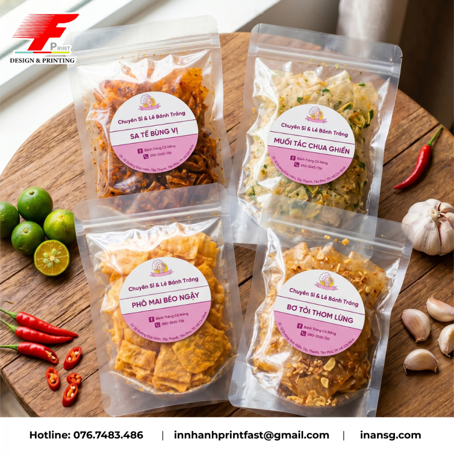 In tem giá rẻ dán túi zip đựng đồ ăn vặt, bánh tráng cắt bế tiện lợi.