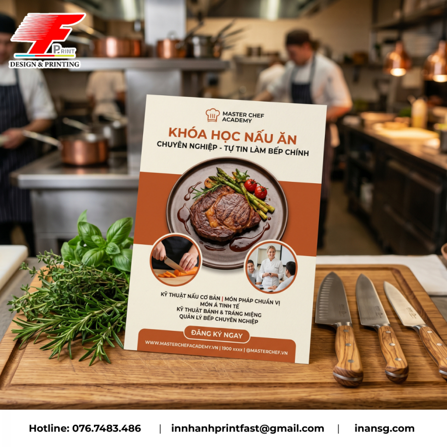 Mẫu in tờ rơi ngành F&B quảng bá khóa học đầu bếp với hình ảnh món ăn sắc nét.