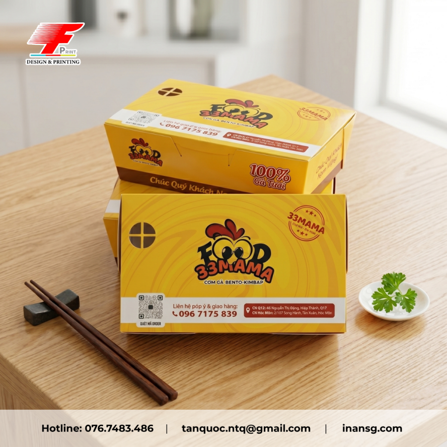 Thiết kế hộp giấy bento kimbap đẹp mắt, quét mã QR tiện lợi.