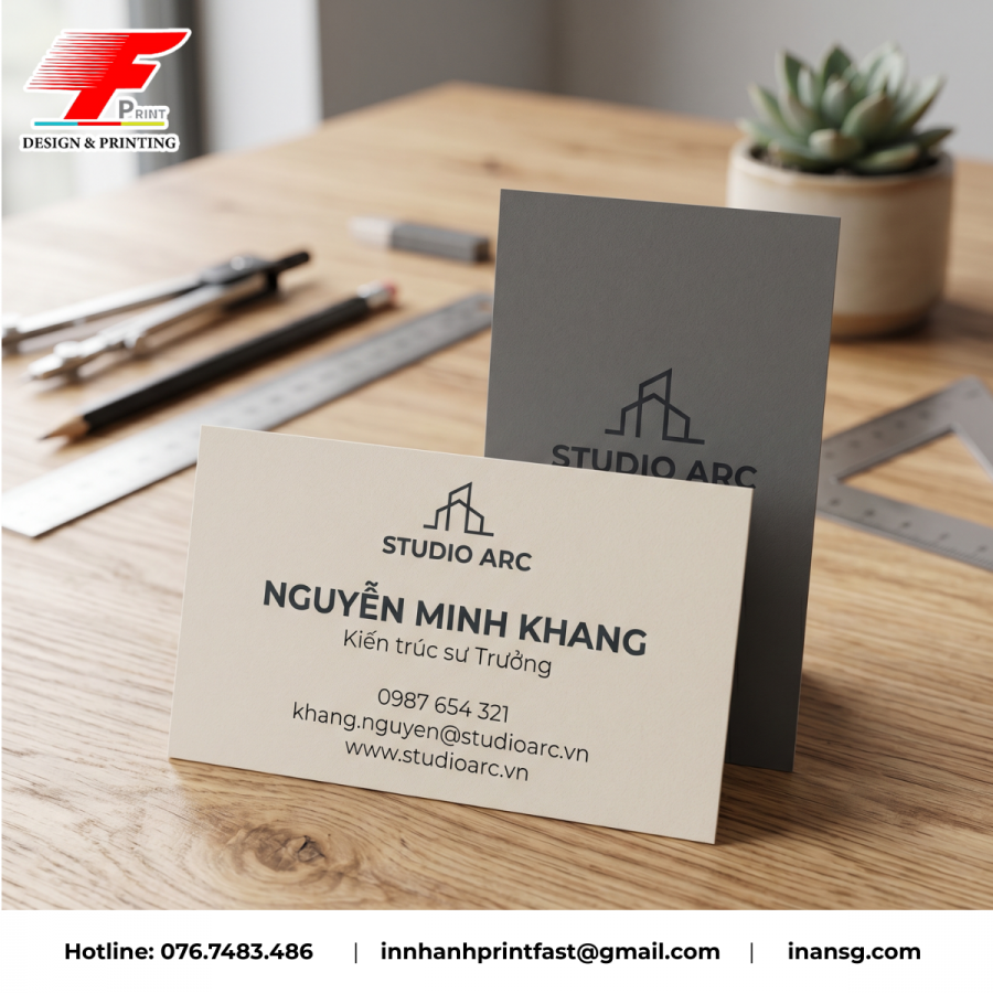Thiết kế name card cá nhân phong cách tối giản, sang trọng cho Kiến trúc sư trên giấy mỹ thuật.