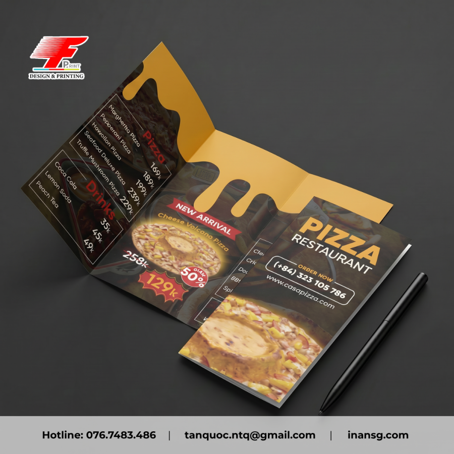 Brochure Pizza dạng gấp 3 nhỏ gọn và đẹp mắt.
