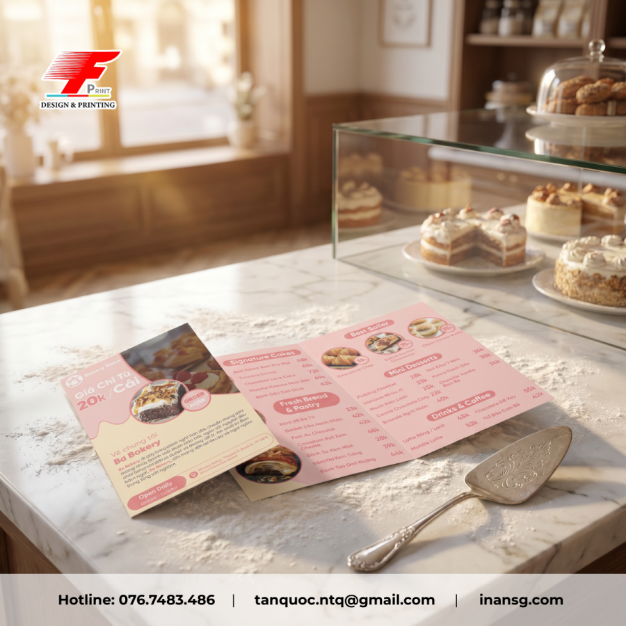 Mẫu in brochure menu dạng gấp cho tiệm bánh ngọt.