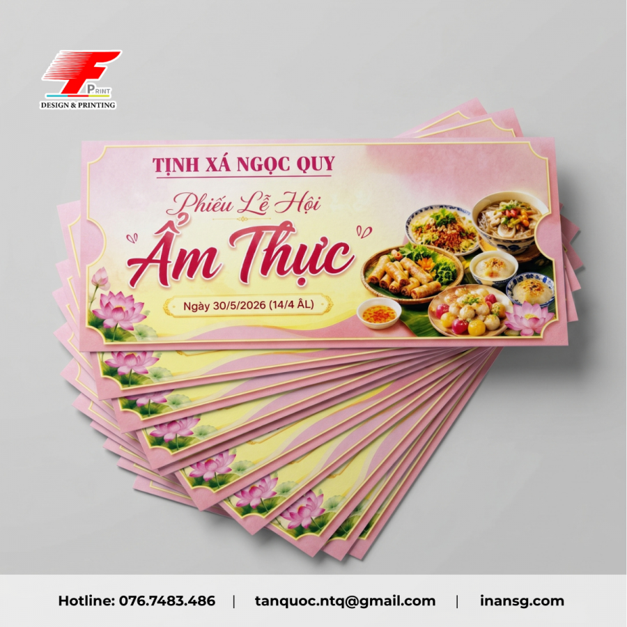 In phiếu giấy lễ hội ẩm thực, màu sắc rực rỡ, gia công bế đường xé chuẩn xác.