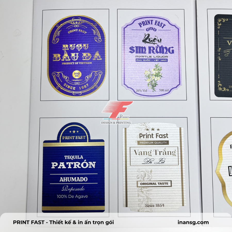 Tổng hợp các mẫu tem nhãn decal giấy mỹ thuật cao cấp dán chai lọ thủy tinh tại Print Fast.