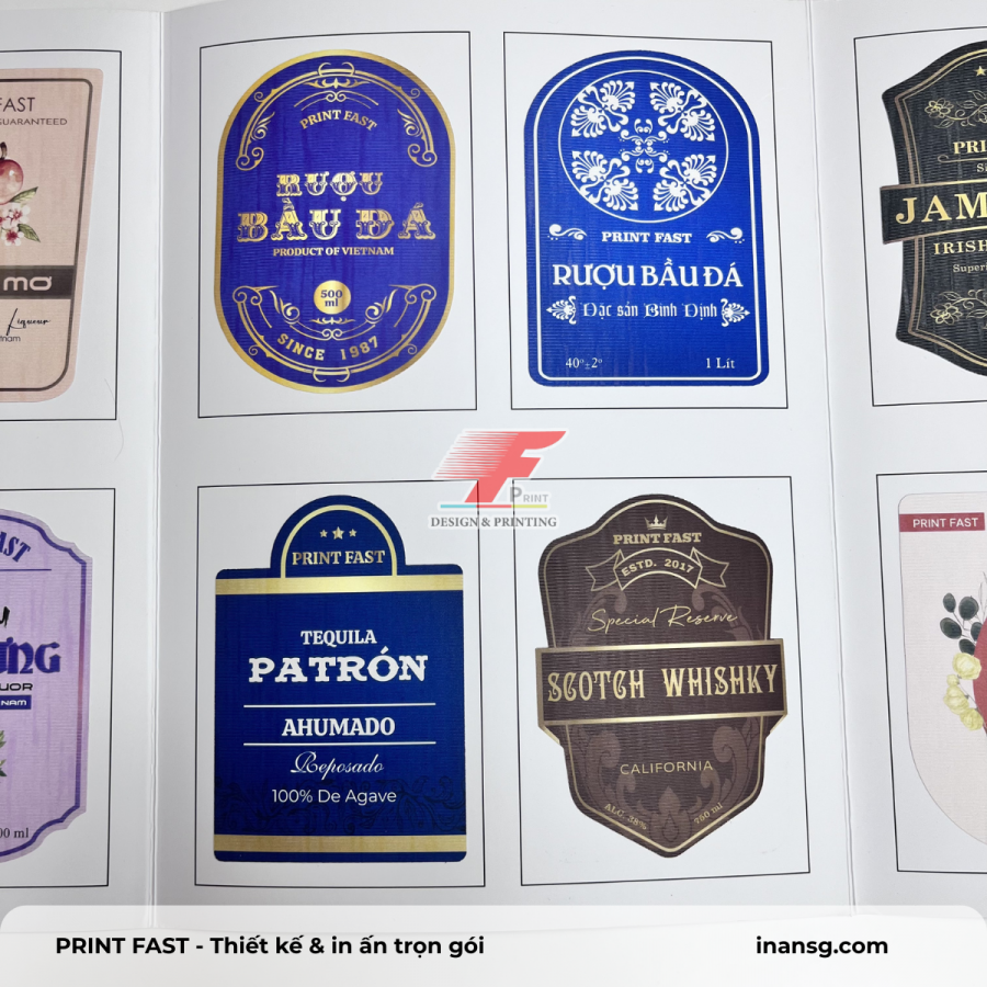 Tem nhãn rượu Tequila Patron và Jameson in trên nền decal giấy mỹ thuật sắc nét.