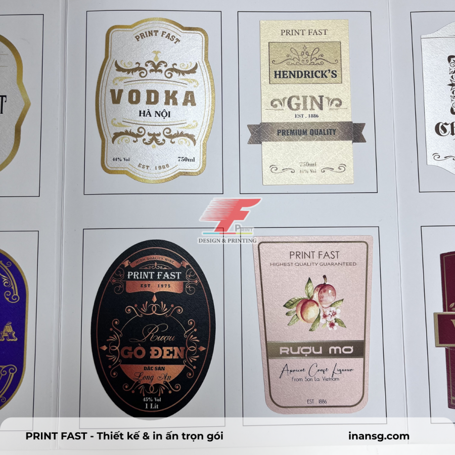 Tổng hợp các mẫu tem nhãn decal giấy mỹ thuật cao cấp dán chai lọ thủy tinh tại Print Fast.