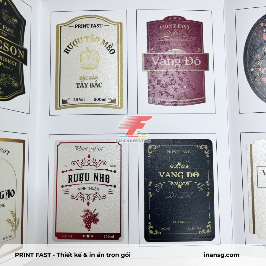 Tổng hợp các mẫu tem nhãn decal giấy mỹ thuật cao cấp dán chai lọ thủy tinh tại Print Fast.