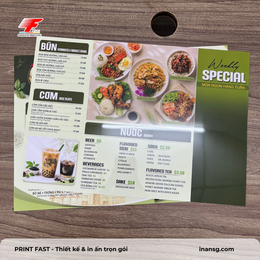 Mặt trước menu giấy nhựa nhà hàng Fresh Pho chống nước