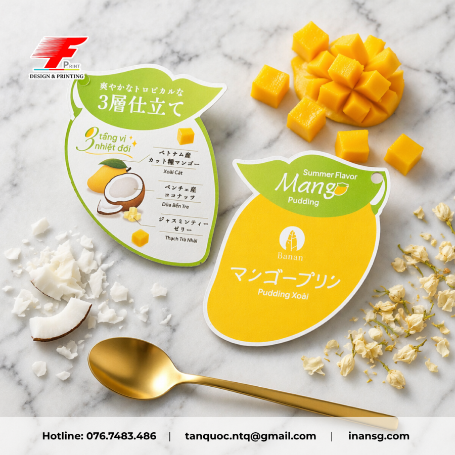 Mẫu in tag giấy treo thực phẩm bế hình quả xoài cho sản phẩm Mango Pudding thiết kế bắt mắt.