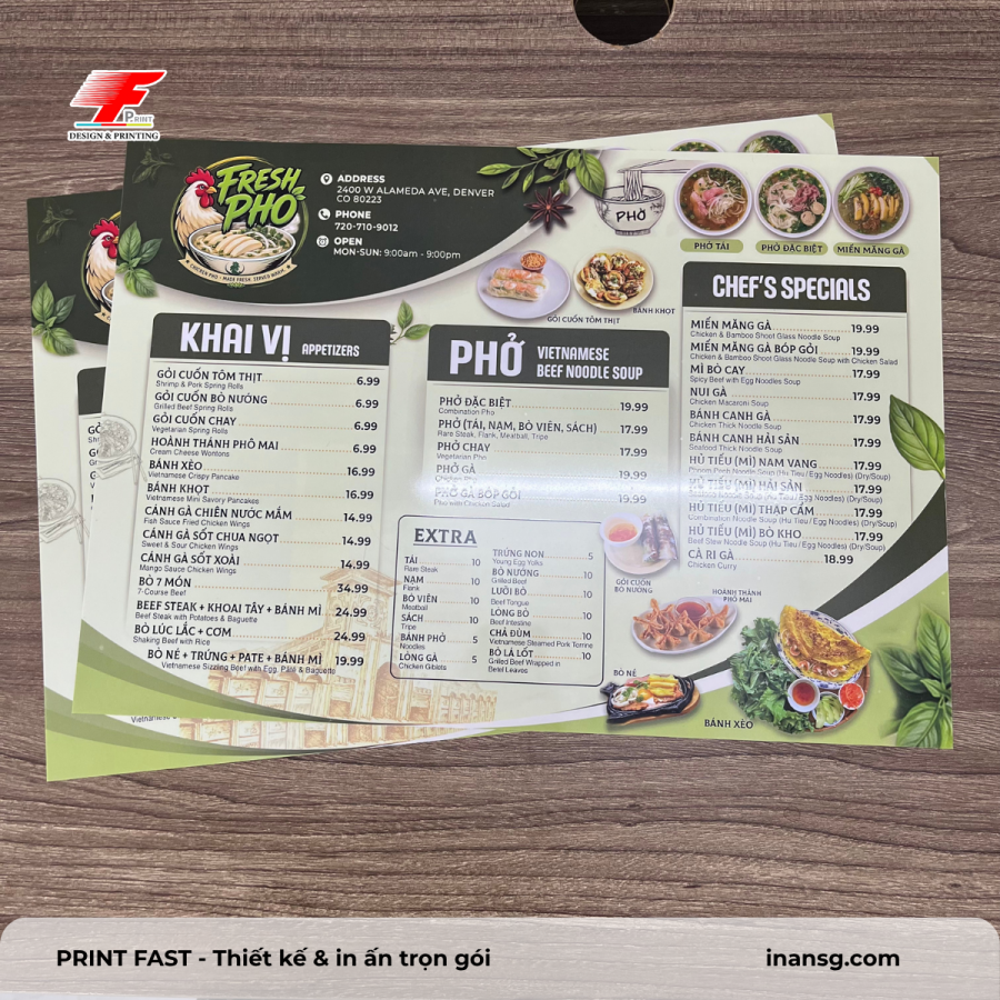 Mặt sau menu giấy nhựa hiển thị sắc nét các danh mục món ăn